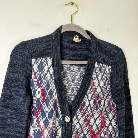 Free People Foxtrot button front wool oversized Cardigan grandpa Navy Multi - Picture 3 of 9